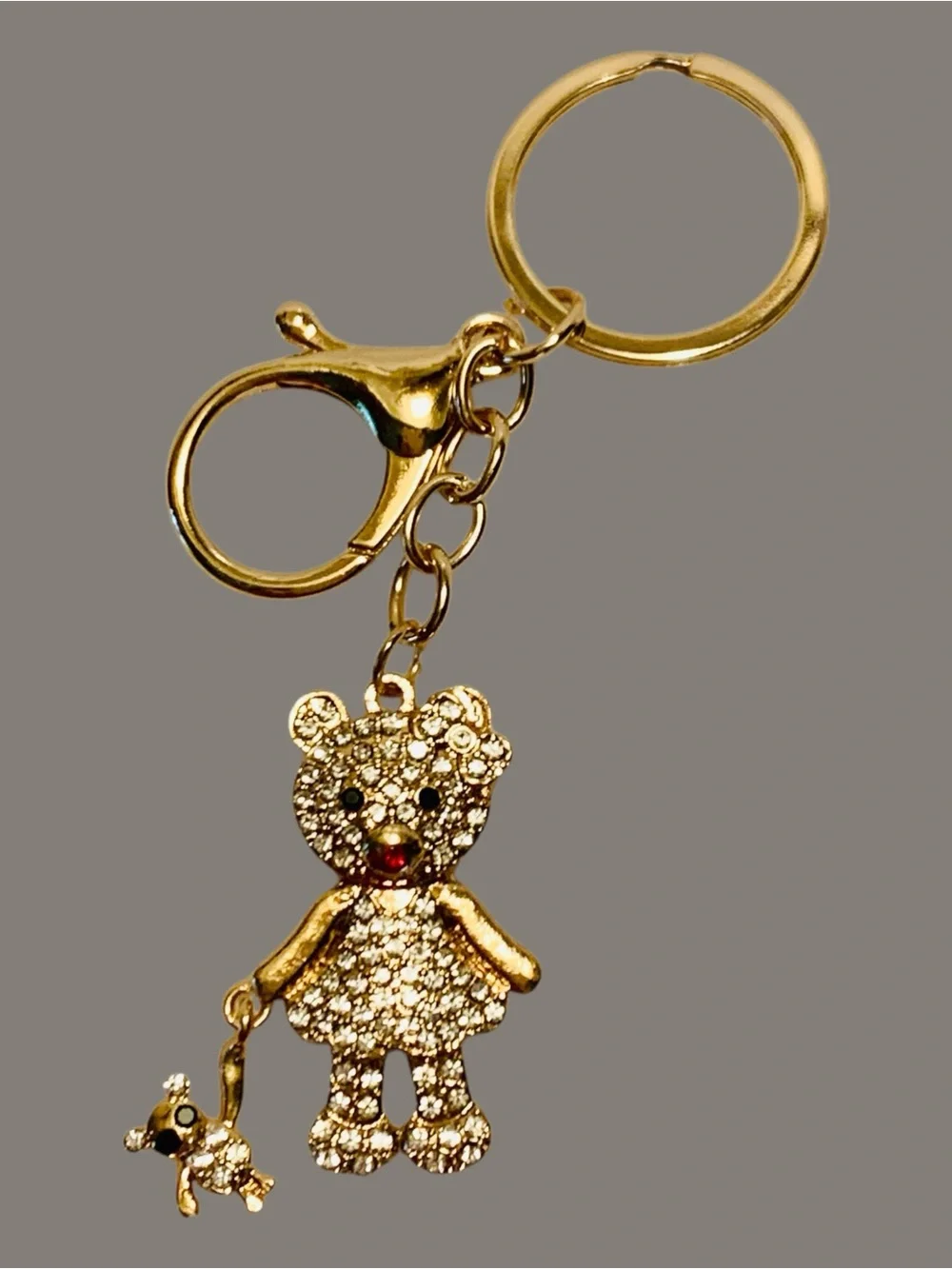 Gold Crystal Teddy Bear Keychain with a dangle baby doll bear NWT